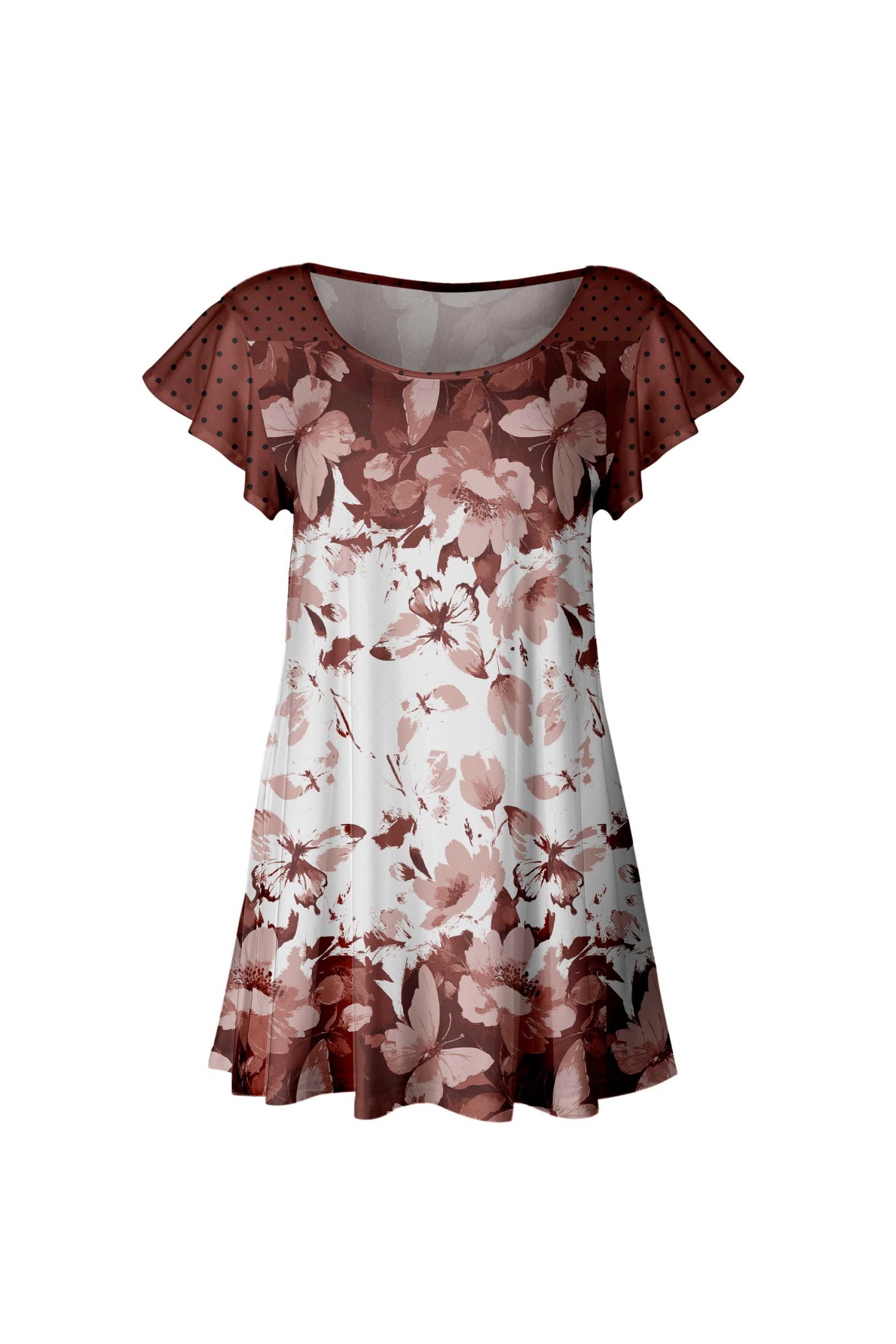 Lily by Firmiana Women's Short Sleeve Flutter Hem Tunic Top Brown & White Floral Border - Image 5