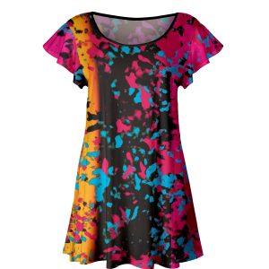 Lily by Firmiana Women's Short Sleeve Flutter Hem Tunic Top Multicolor Floral Abstract
