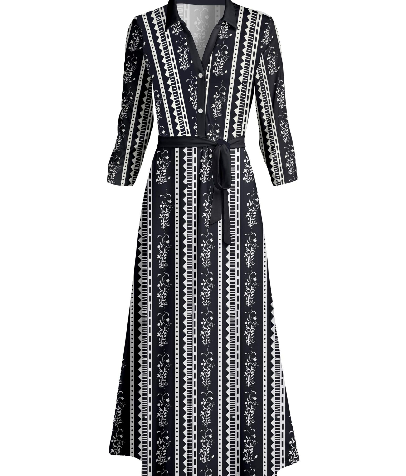 Lily by Firmiana Women's Long Sleeve Collared Maxi Dress with Tie Black & White Linear Geo