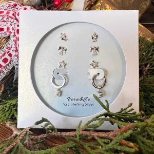 Sterling Silver Holiday Earring Set of Mistletoe Stud. CZ Angel Stud . CZ Star Stud. A Drop of Clear CZ Huggie Hoop