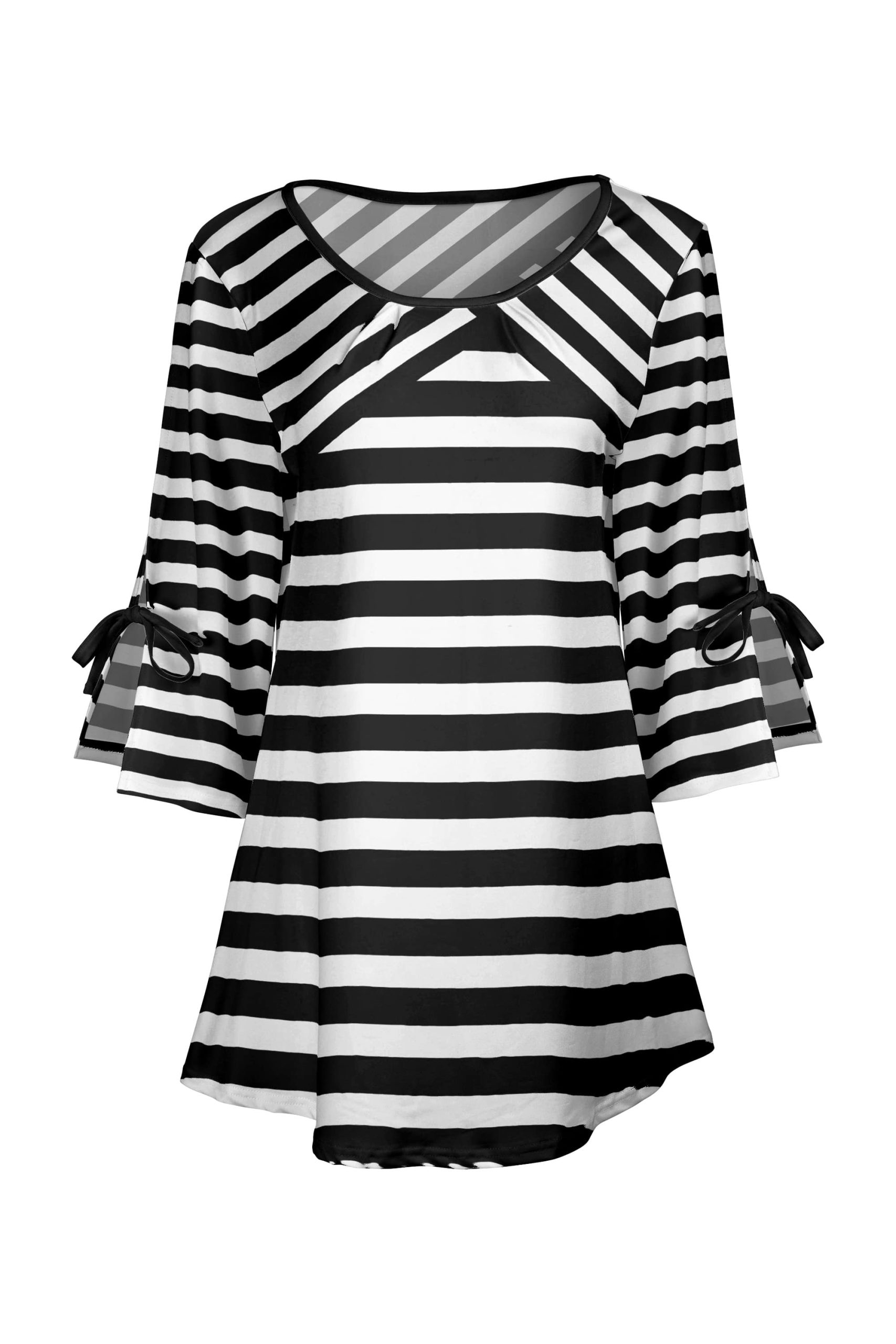 Lily by Firmiana Women's Round Neck Tunic with Split Hem ¾ Sleeves and Tie Detail Black & White Horizontal Stripe - Image 2