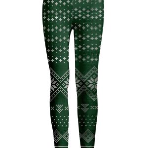 Lily by Firmiana Women's Medium Rise Printed Legging Green Fair Isle Holiday Print
