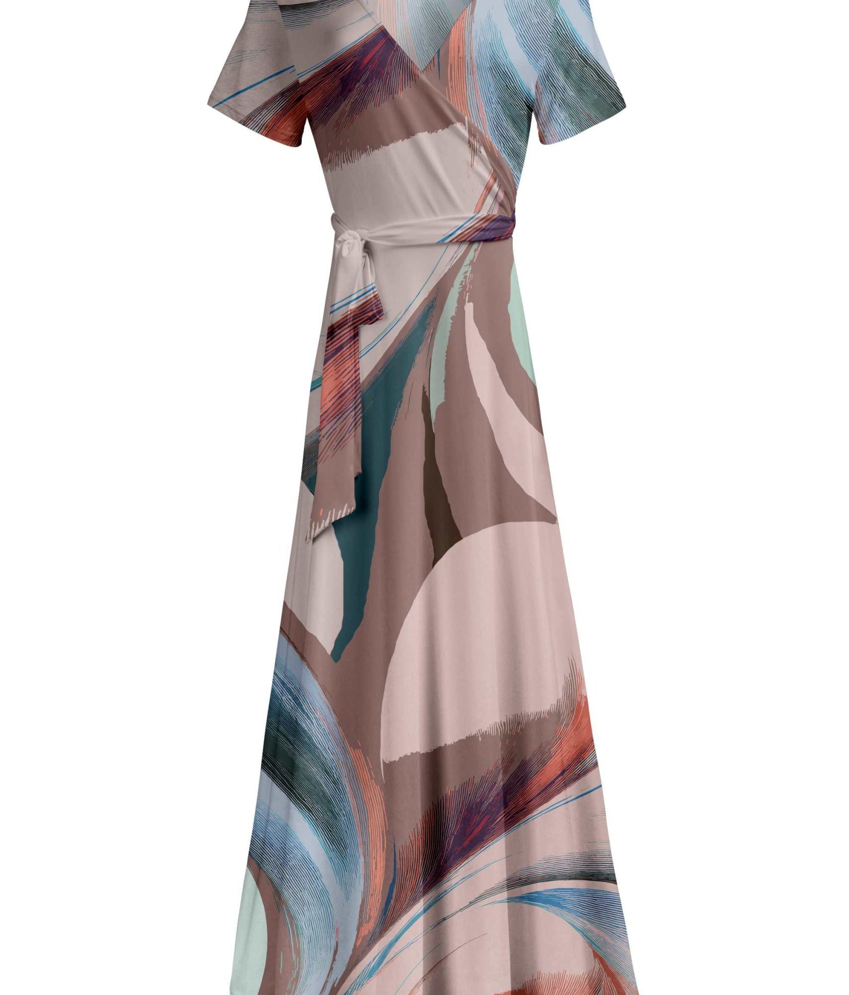 Lily by Firmiana Women's Short Sleeve Wrap-Style Maxi Dress with Tie Blue & Taupe Brushstroke Abstract