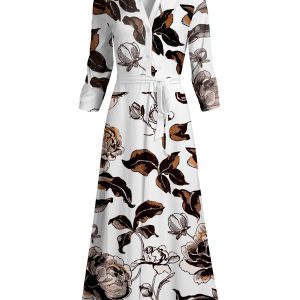Lily by Firmiana Women's Long Sleeve Collared Maxi Dress with Tie White & Brown Feather Print