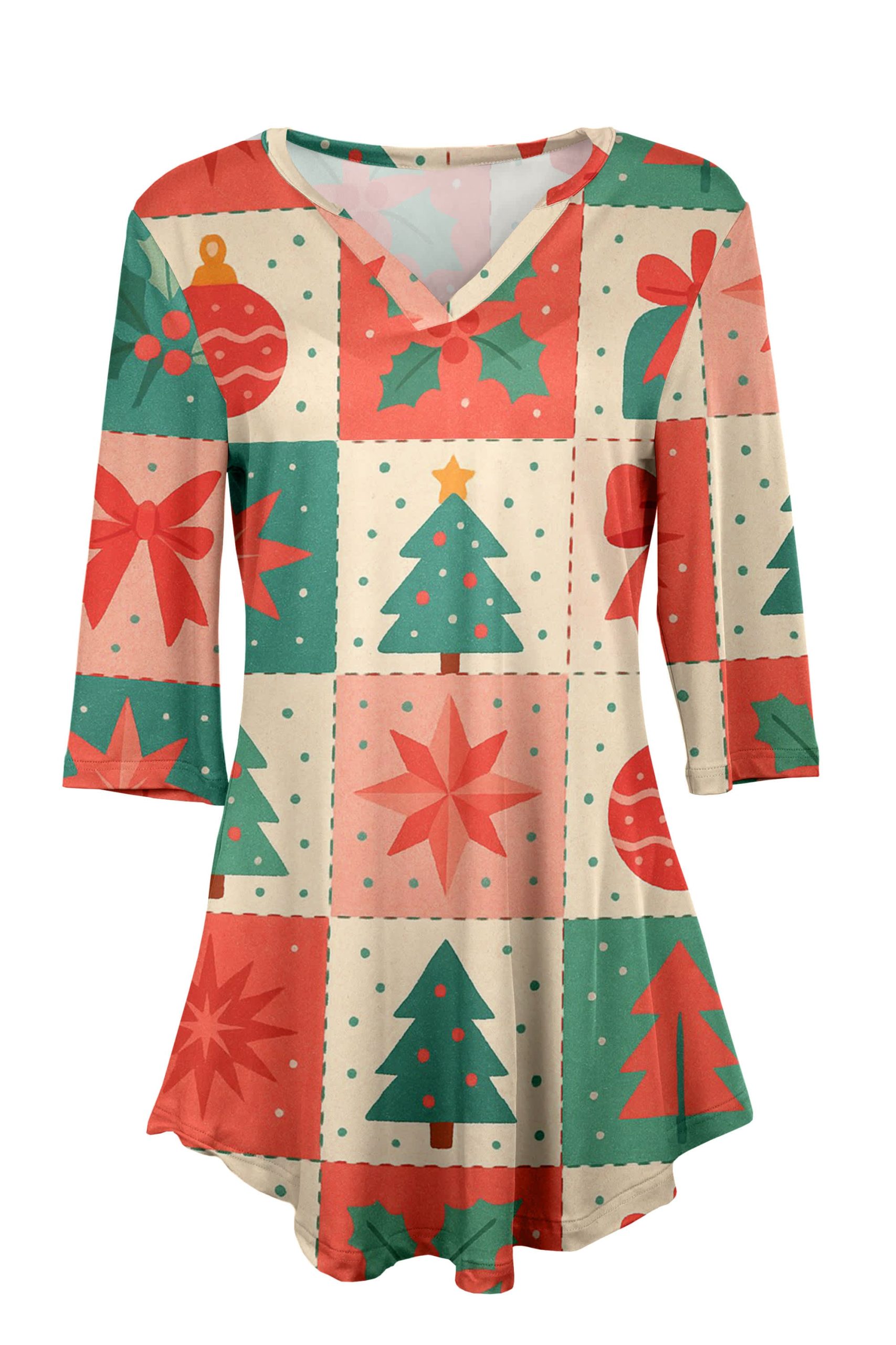 Lily by Firmiana Women's 3/4 Sleeve Notch Neck Tunic Red & Green Christmas Patchwork Print