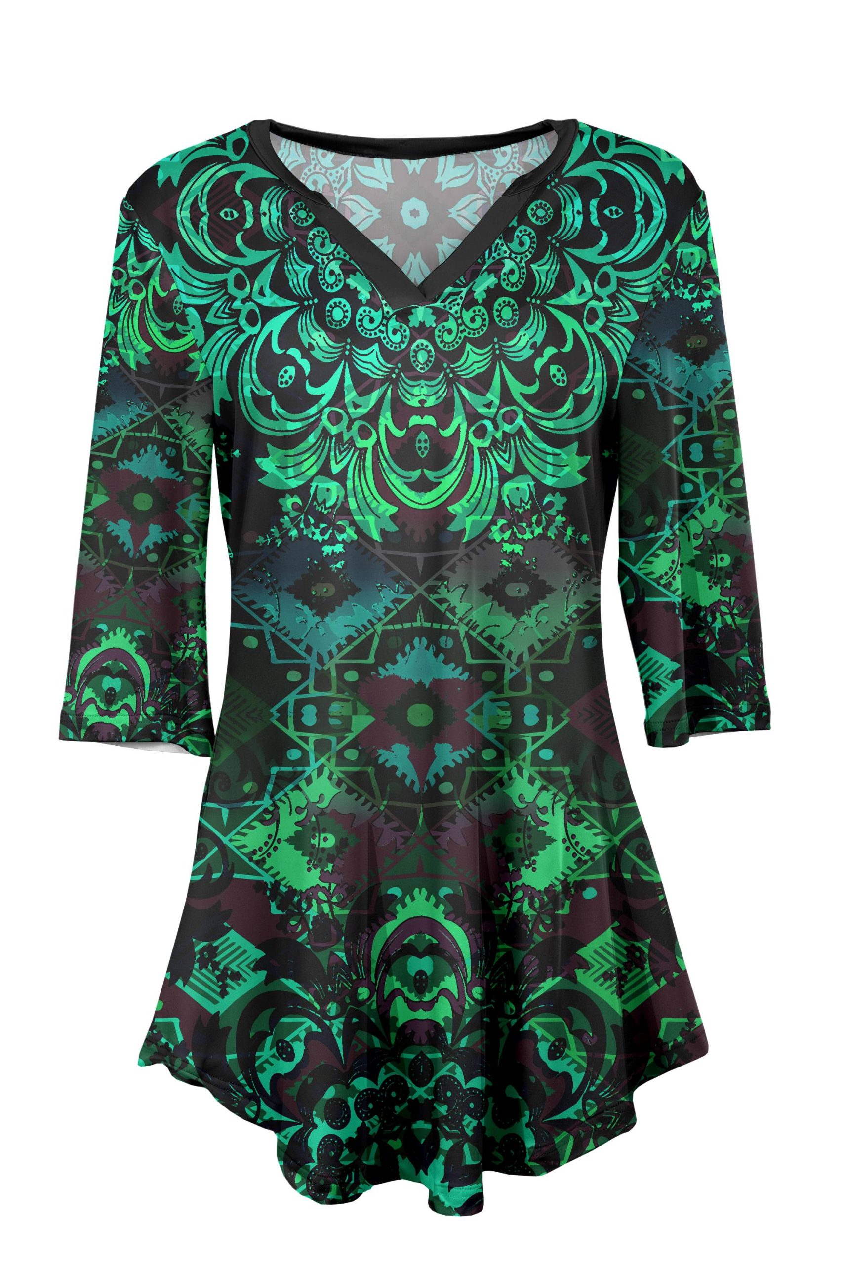 Lily by Firmiana Women's 3/4 Sleeve Notch Neck Tunic Green & Black Baroque Holiday Print - Image 5