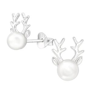 Ag Sterling Freshwater Pearl Reindeer Stud Earrings