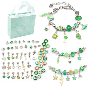 Green 60-Piece Charm Bracelet Making Kit. Jewelry Charms. Snake Chains Bracelets. DIY Craft Set