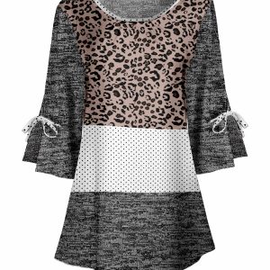 Lily by Firmiana Women's Round Neck Tunic with Split Hem ¾ Sleeves and Tie Detail Heather Gray & Leopard Patchwork