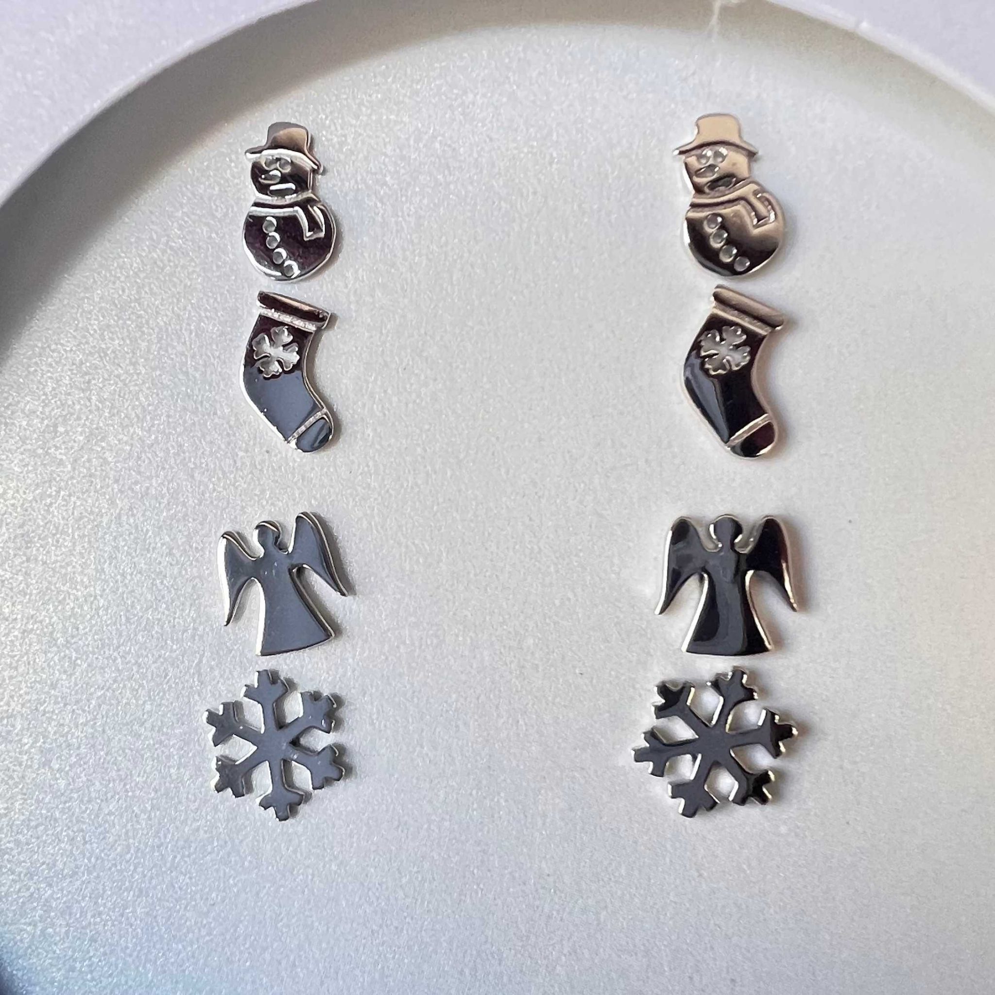 Sterling Silver Holiday Earring Set of Plain Silver Snowman Stud. Stocking Stud. Angel Stud. Snowflake Stud