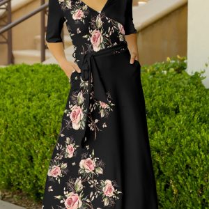 Lily by Firmiana Women's ? Sleeve Wrap-Style Maxi Dress with Tie Black & Pink Floral Wrap