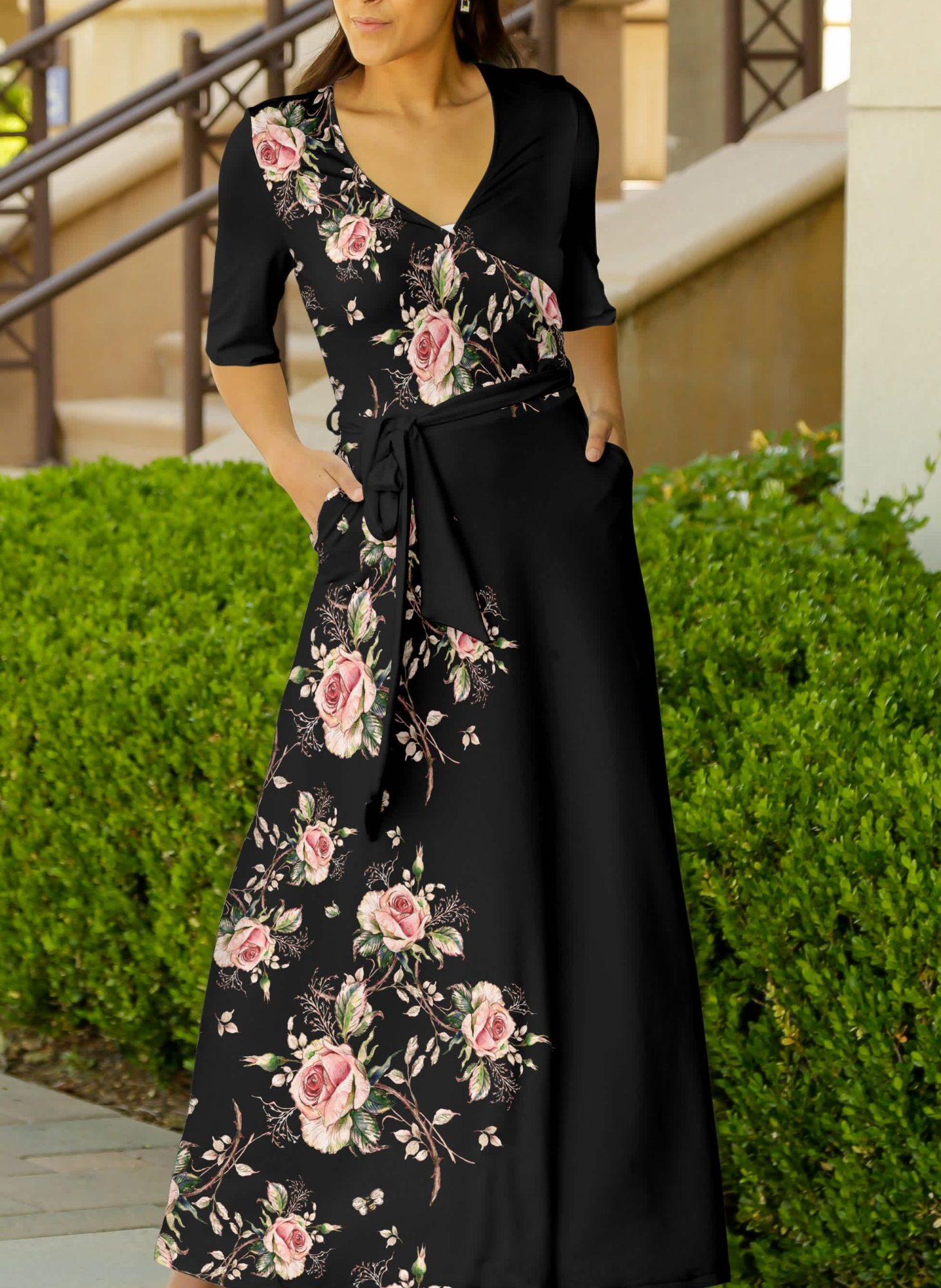 Lily by Firmiana Women's ? Sleeve Wrap-Style Maxi Dress with Tie Black & Pink Floral Wrap