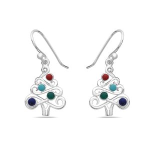 Vera & Co Women Sterling Silver Christmas Tree with Multi-Stone Earring