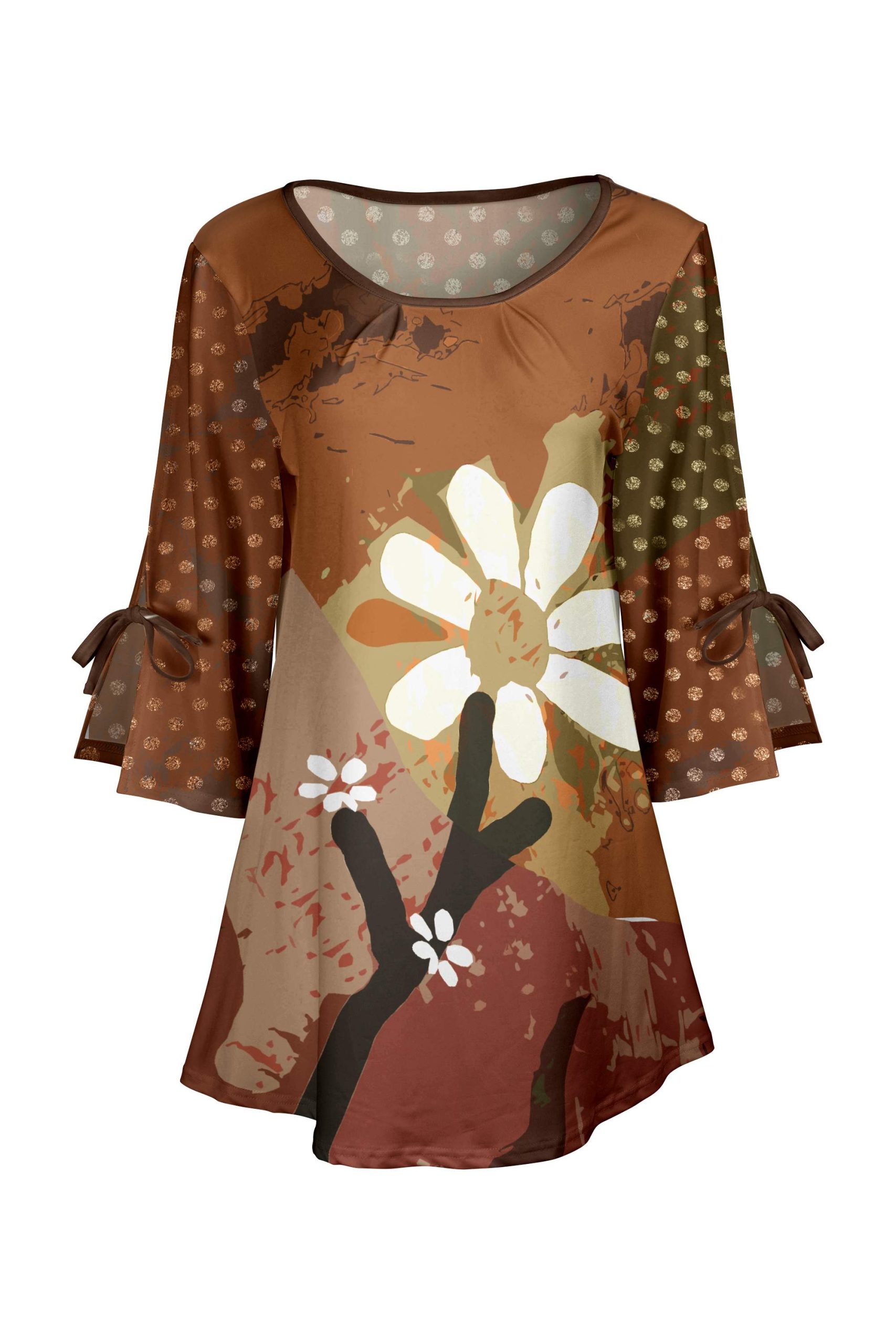 Lily by Firmiana Women's Round Neck Tunic with Split Hem ¾ Sleeves and Tie Detail Brown Daisy Floral Patchwork - Image 2