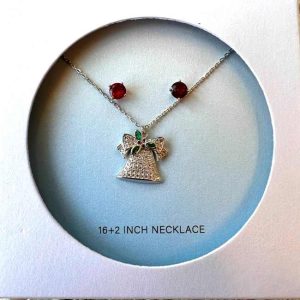 Sterling Silver Set of Earring and Charm Necklacce Red Stone Stud and Jingle Bell CZ Pave