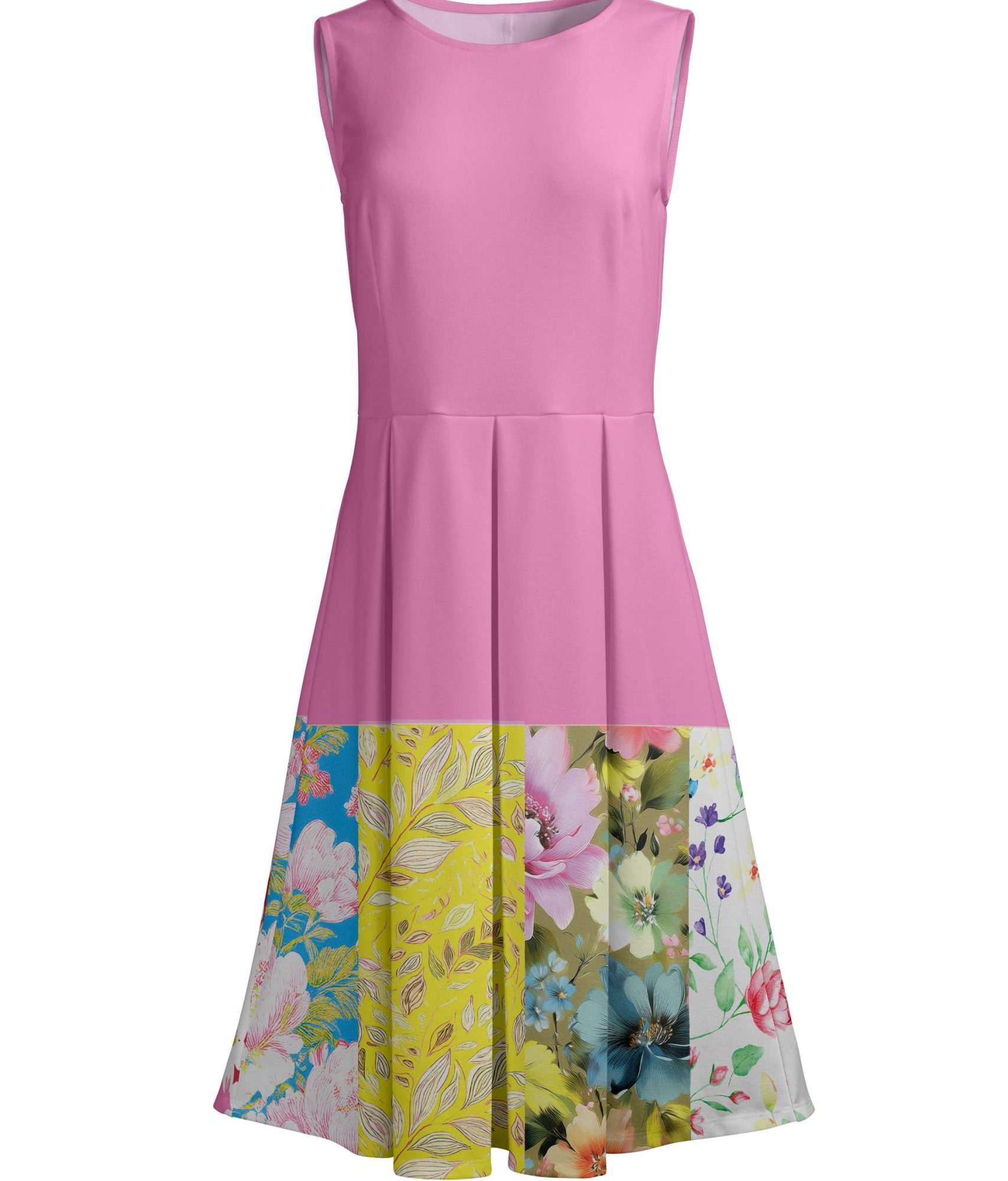 Lily by Firmiana Women's Sleeveless Dress with Pleated Skirt Pink & Yellow Floral