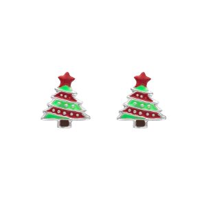 Ag Sterling Green and Red Christmas Tree Stud Earrings