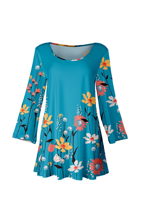 Lily by Firmiana Women's Long Sleeve Scoop Neck Flared Hem Tunic Blue Floral Print with Coral Accents - Image 2