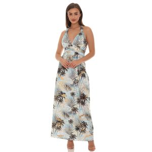 Shoreline Wear Palm Leaf Gold Foil Print Halter Dress