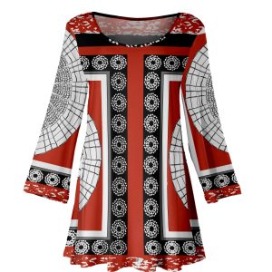 Lily by Firmiana Women's Long Sleeve Scoop Neck Flared Hem Tunic Red & Black Baroque Border Print