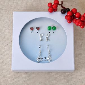 Sterling Silver Holiday Earring 4- pair Set of Star Crawler. Angel Wing. Snowman. Rose Quartz round stud