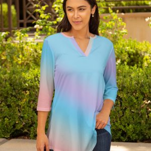 Lily by Firmiana Women's 3/4 Sleeve Notch Neck Tunic Blue & Pink Ombre Top