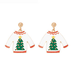 Don't AsK White Christmas Sweater with Green Tree Drop Earrings ?C Festive Holiday Jewellery for Women