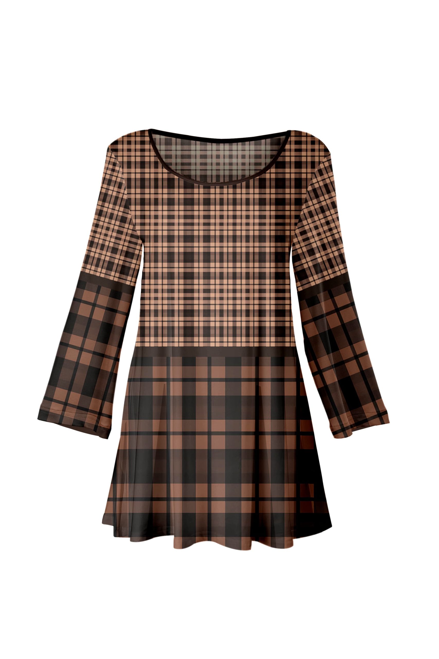 Lily by Firmiana Women's Long Sleeve Scoop Neck Flared Hem Tunic Brown & Black Plaid Tunic