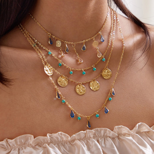 Goldtone Blue Teardrop Bead Layered Necklace