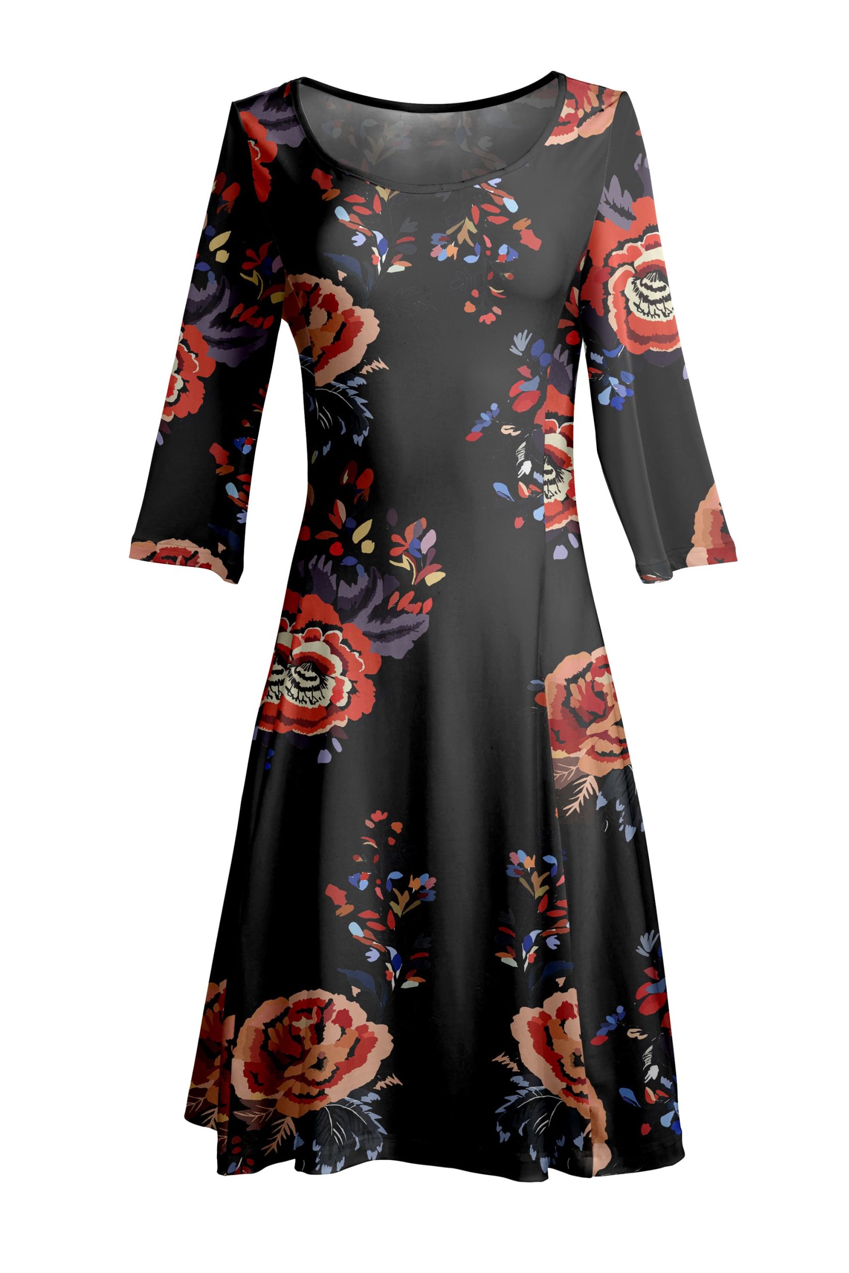 Lily by Firmiana Women's ¾ Sleeve Fit-and-Flare Dress Black & Multicolor Floral Print