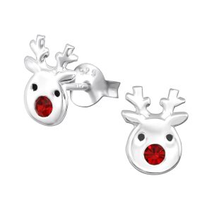 Ag Sterling Red Cubic Zirconia Reindeer Stud Earrings