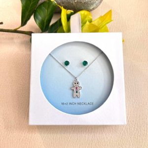Sterling Silver Set of Earring and Charm Necklace Green Stone Stud Gingerbread Man Charm CZ Pave