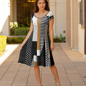 Lily by Firmiana Women's Cap Sleeve Short Dress Beige & Black Geometric