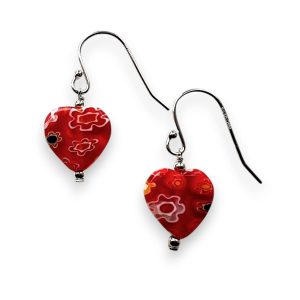 Vera & Co Women Sterling Silver Red Flower Murano Heart Shape Earring