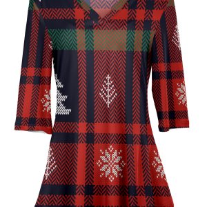 Lily by Firmiana Women's 3/4 Sleeve Notch Neck Tunic Red & Green Nordic Snowflake Plaid Print