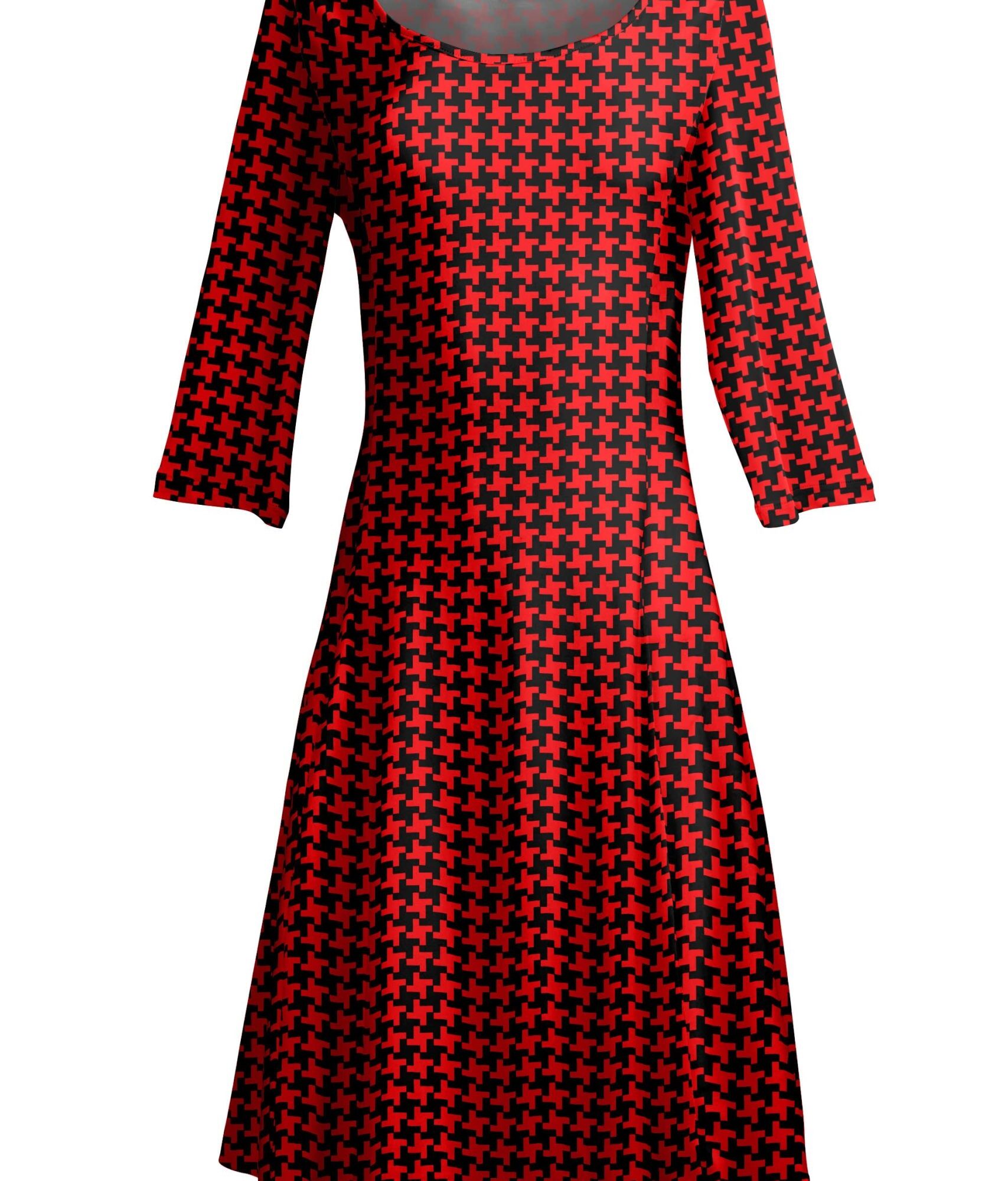Lily by Firmiana Women's ¾ Sleeve Fit-and-Flare Dress Black & Red Houndstooth
