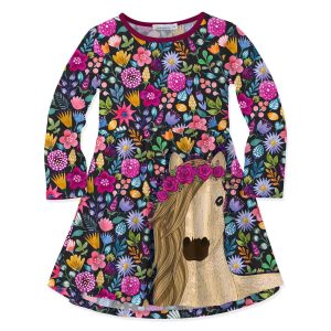 Black & Pink Watercolor Floral & Horse Print Swing Dress