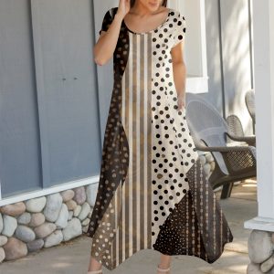 Lily by Firmiana Women's Cap Sleeve Fishtail Maxi Dress Cream & Brown Geo Panel