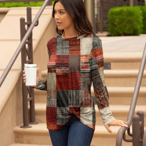 Lily by Firmiana Women's Long Sleeve Round Neck Tunic with Twist Front Hem Autumn Patchwork Plaid Print
