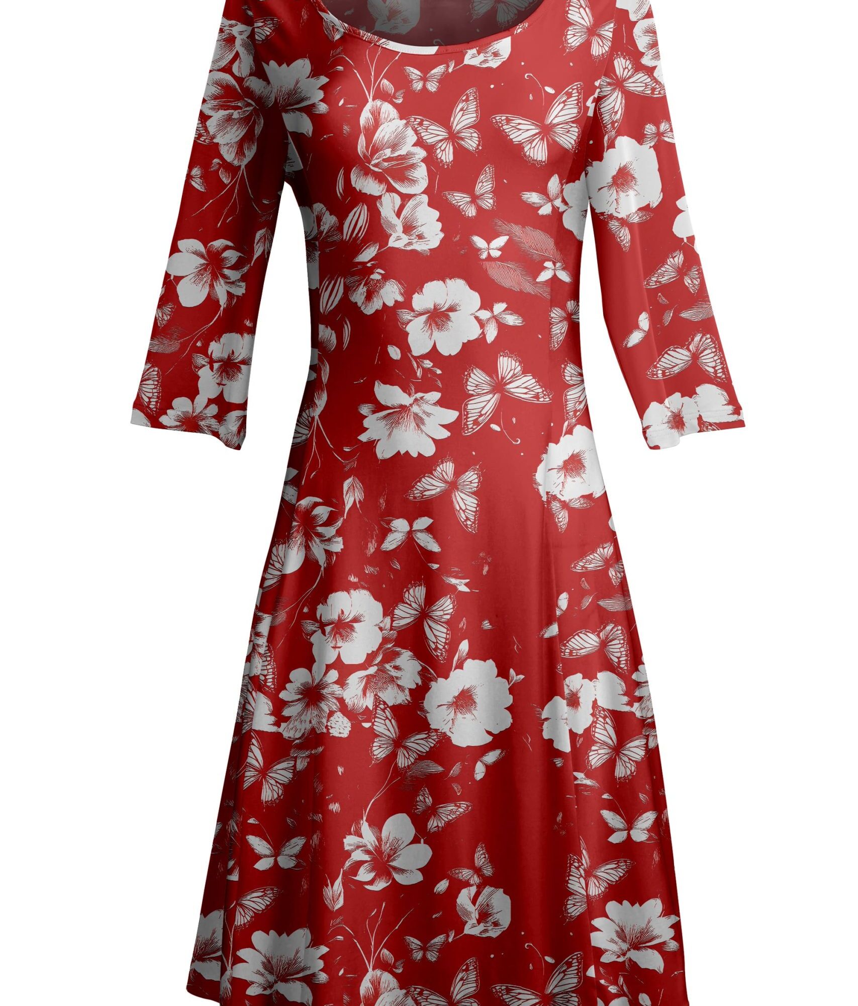 Lily by Firmiana Women's ¾ Sleeve Fit-and-Flare Dress Red & White Floral Print