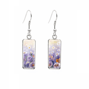 Don't AsK Rectangular Art-Print Drop Earrings ?C Purple Flowers in Field ?C Lightweight Dangle Earrings for Women