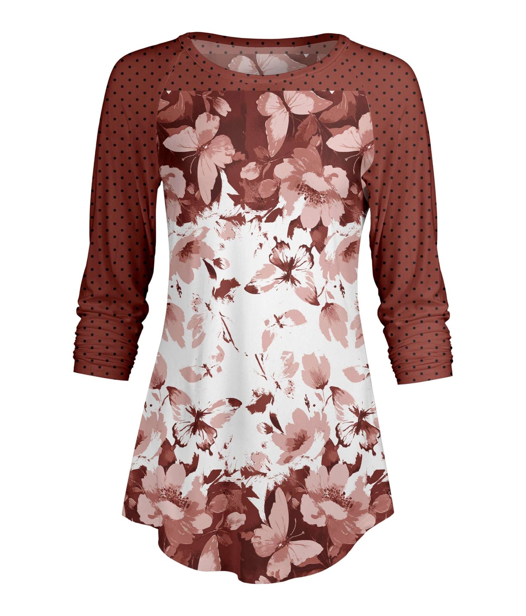 Lily by Firmiana Women's ¾ Sleeve Scoop Neck Tunic Top Brown & Cream Floral Border