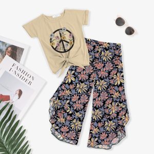 Cream Floral Peace Knot-Front Top & Floral Print Wide-Leg Pants