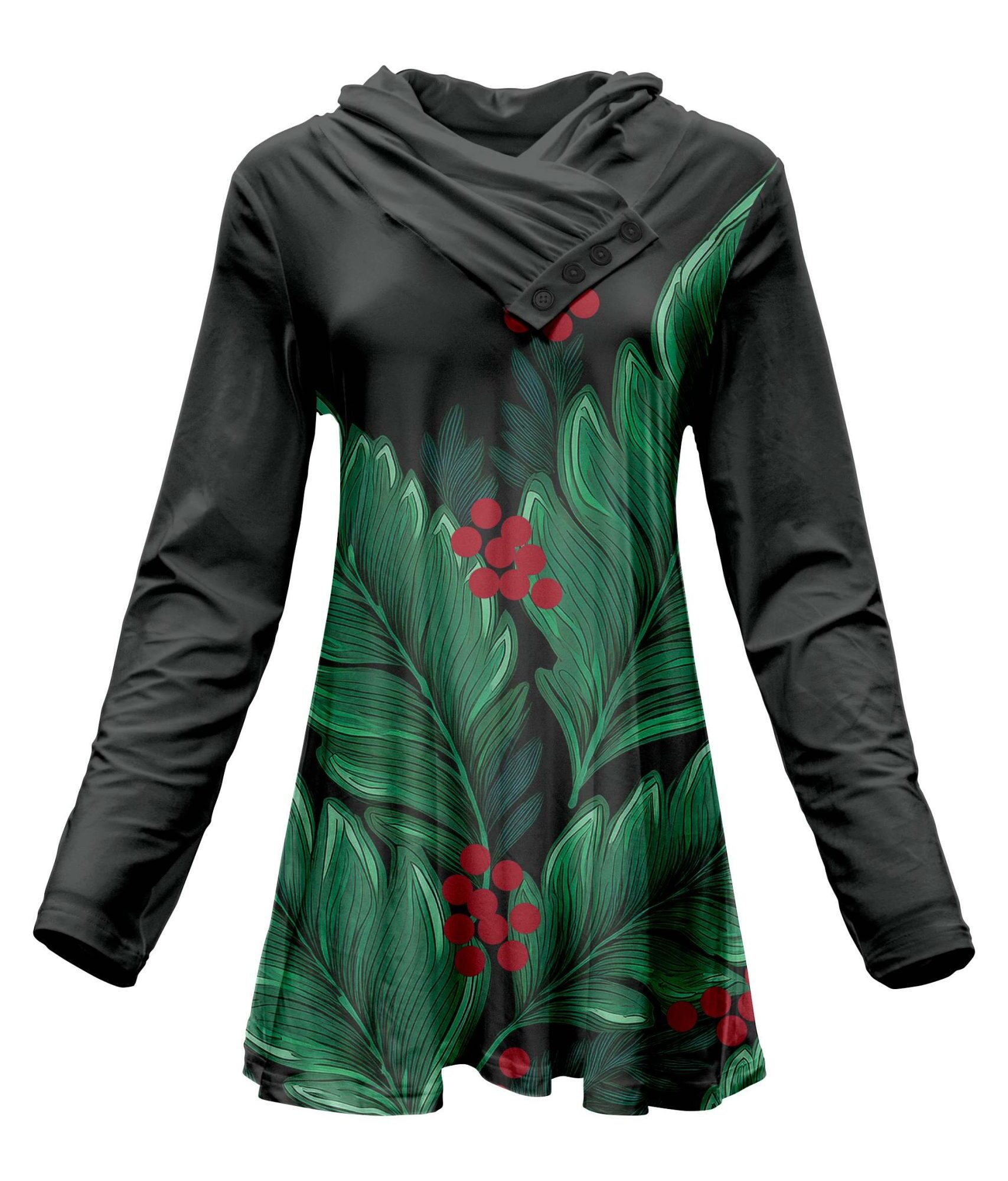 Lily by Firmiana Women's Long Sleeve Cowl Neck Tunic with Pockets Black & Green Palm Leaf Holiday Print
