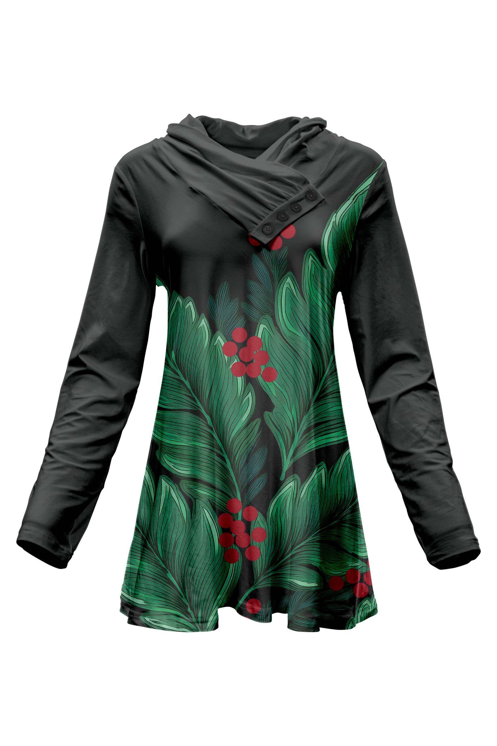 Lily by Firmiana Women's Long Sleeve Cowl Neck Tunic with Pockets Black & Green Palm Leaf Holiday Print