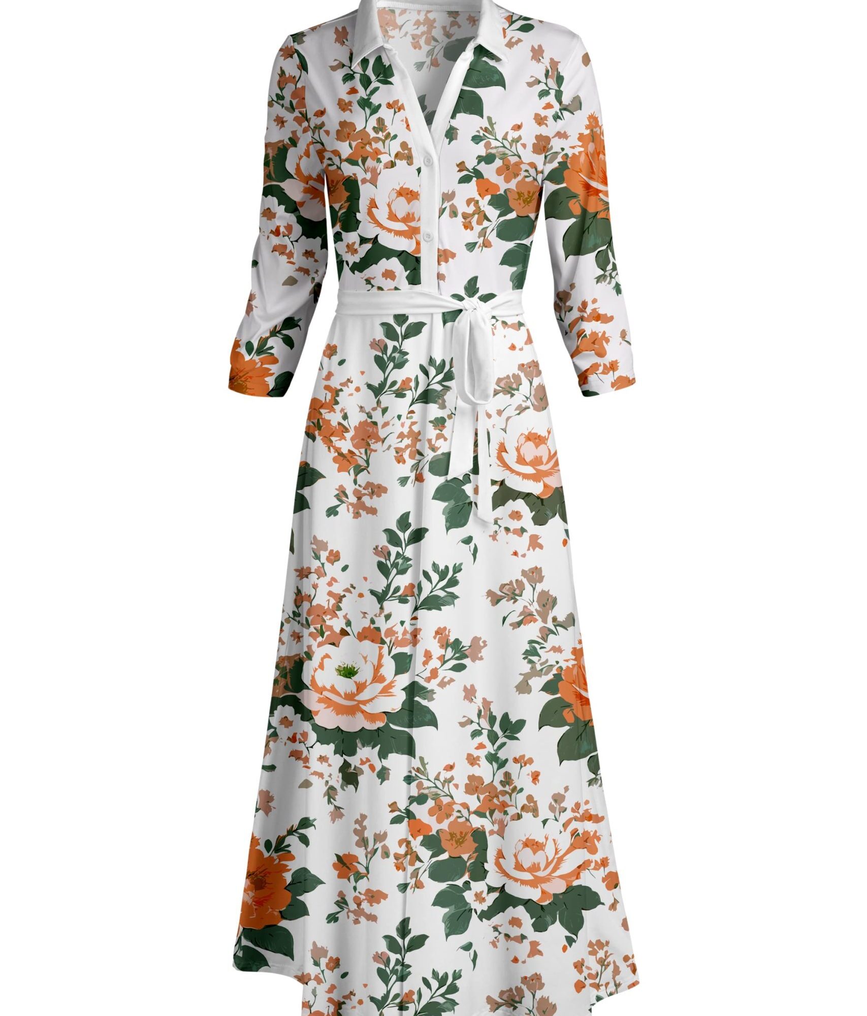 Lily by Firmiana Women's Long Sleeve Collared Maxi Dress with Tie Cream & Orange Floral