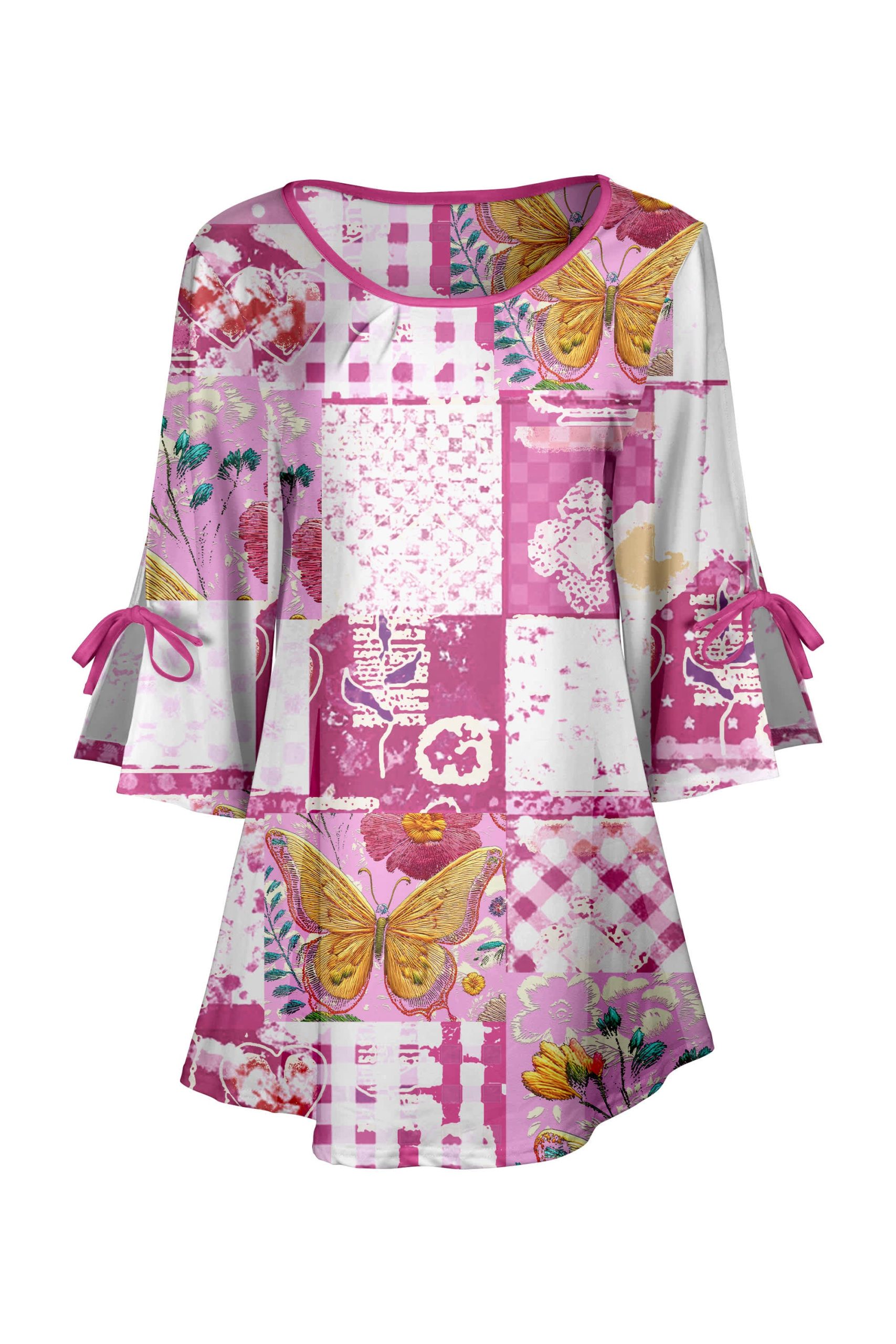 Lily by Firmiana Women's Round Neck Tunic with Split Hem ¾ Sleeves and Tie Detail Pink Butterfly Patchwork - Image 4