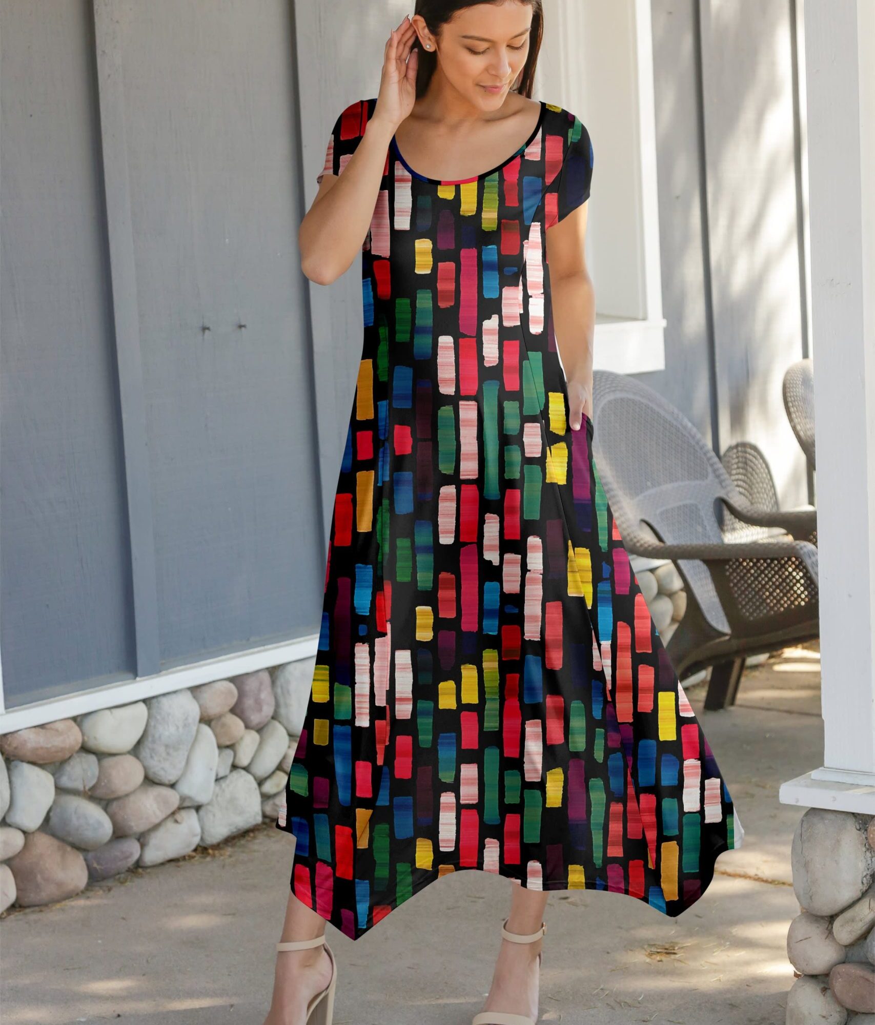 Lily by Firmiana Women's Cap Sleeve Fishtail Maxi Dress Multicolor Geometric Bars
