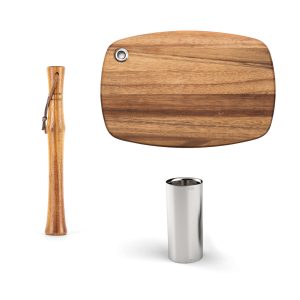 Outset Bartender Starter Kit Set of 3. Double Jigger. Cocktail Muddler and Cutting Board
