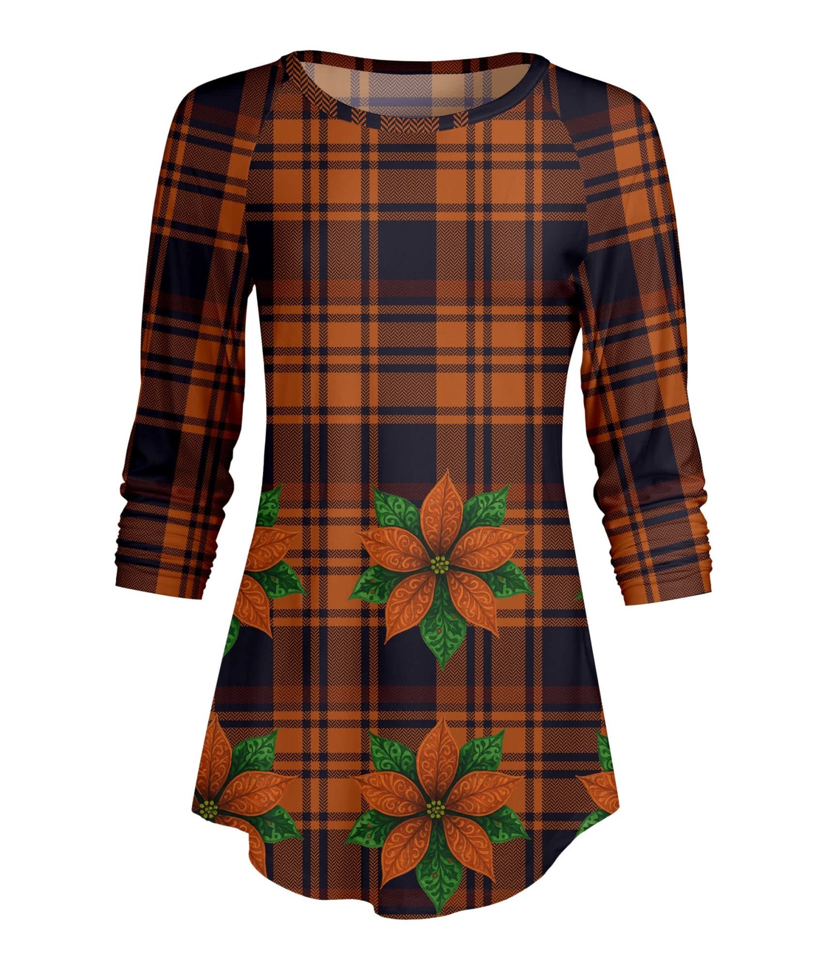 Lily by Firmiana Women's ¾ Sleeve Scoop Neck Tunic Top Rust Plaid Floral Border